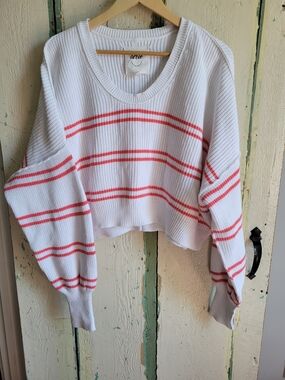 Aerie 100% Cotton White Cropped Pullover with Coral Stripes